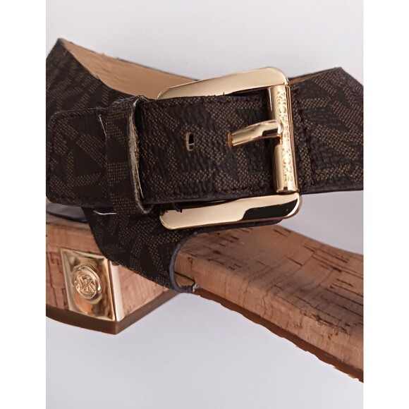 Michael Kors Thong Sandal Brown MK Logo Cork Block Heel Buckle Ankle Strap Sz 6 - Picture 10 of 12